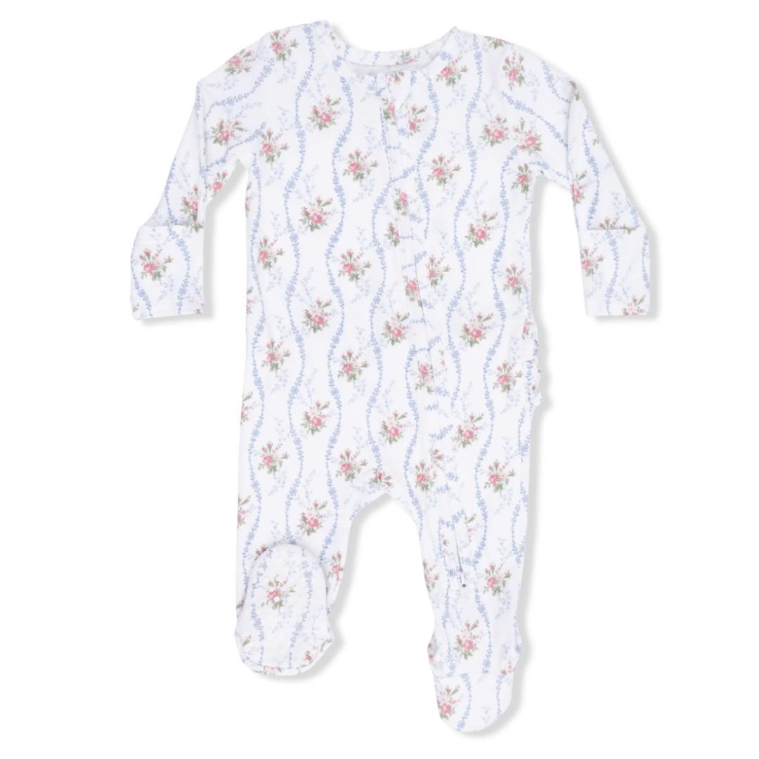 Heirloom Rose Stripe Ruffle Back Zipper Footie