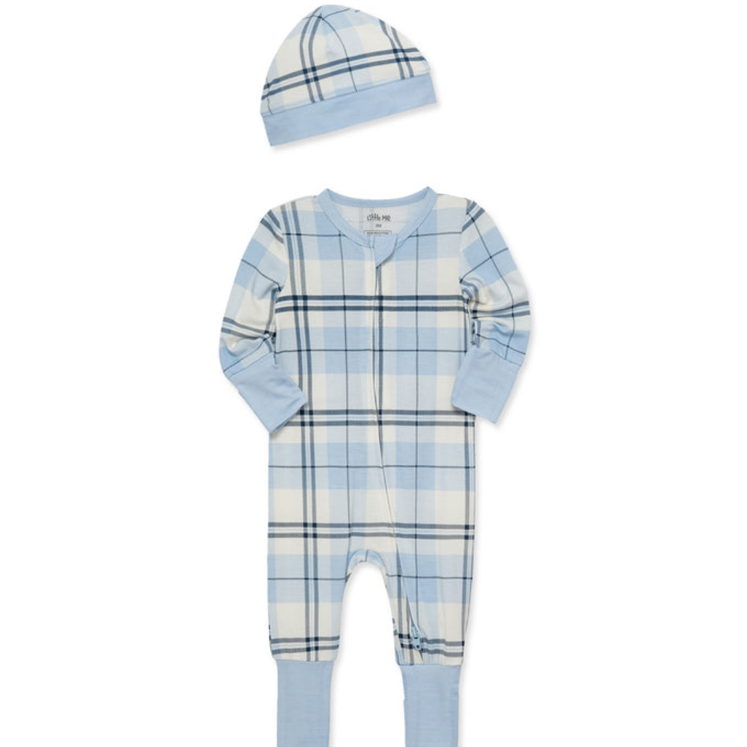 Blue Plaid Convertible Coverall & Hat