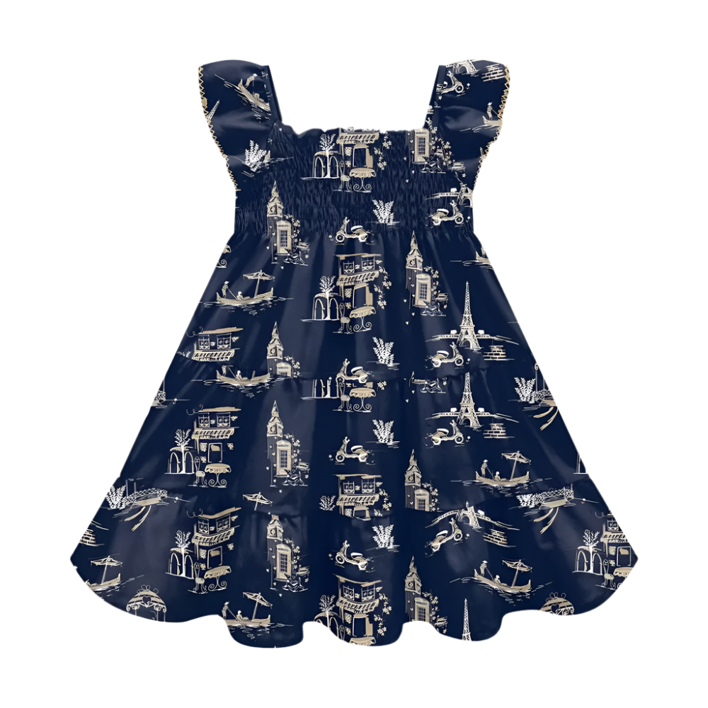 Navy Blue Paris Print Dress