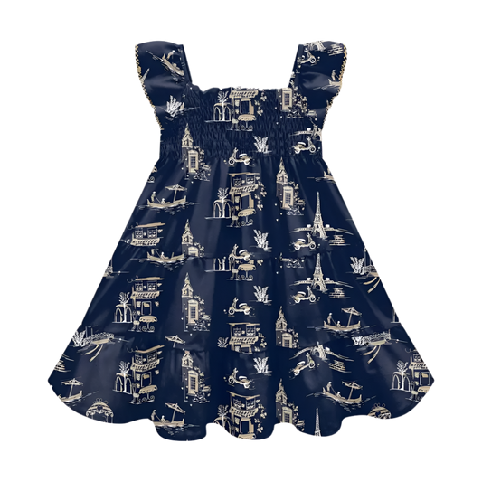 Navy Blue Paris Print Dress