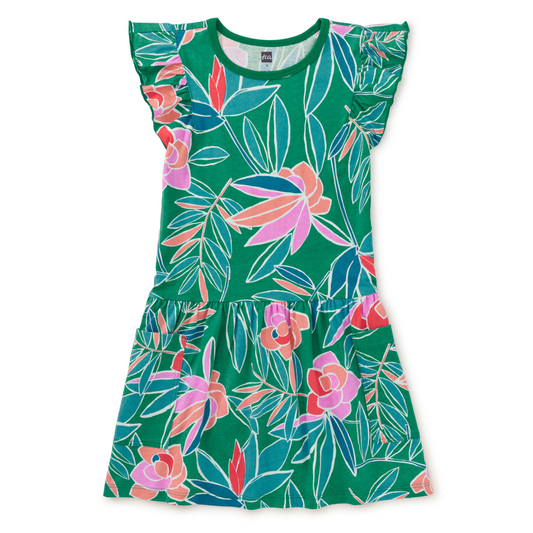 Tropical Gardenias Flutter Sleeve Pocket Dress