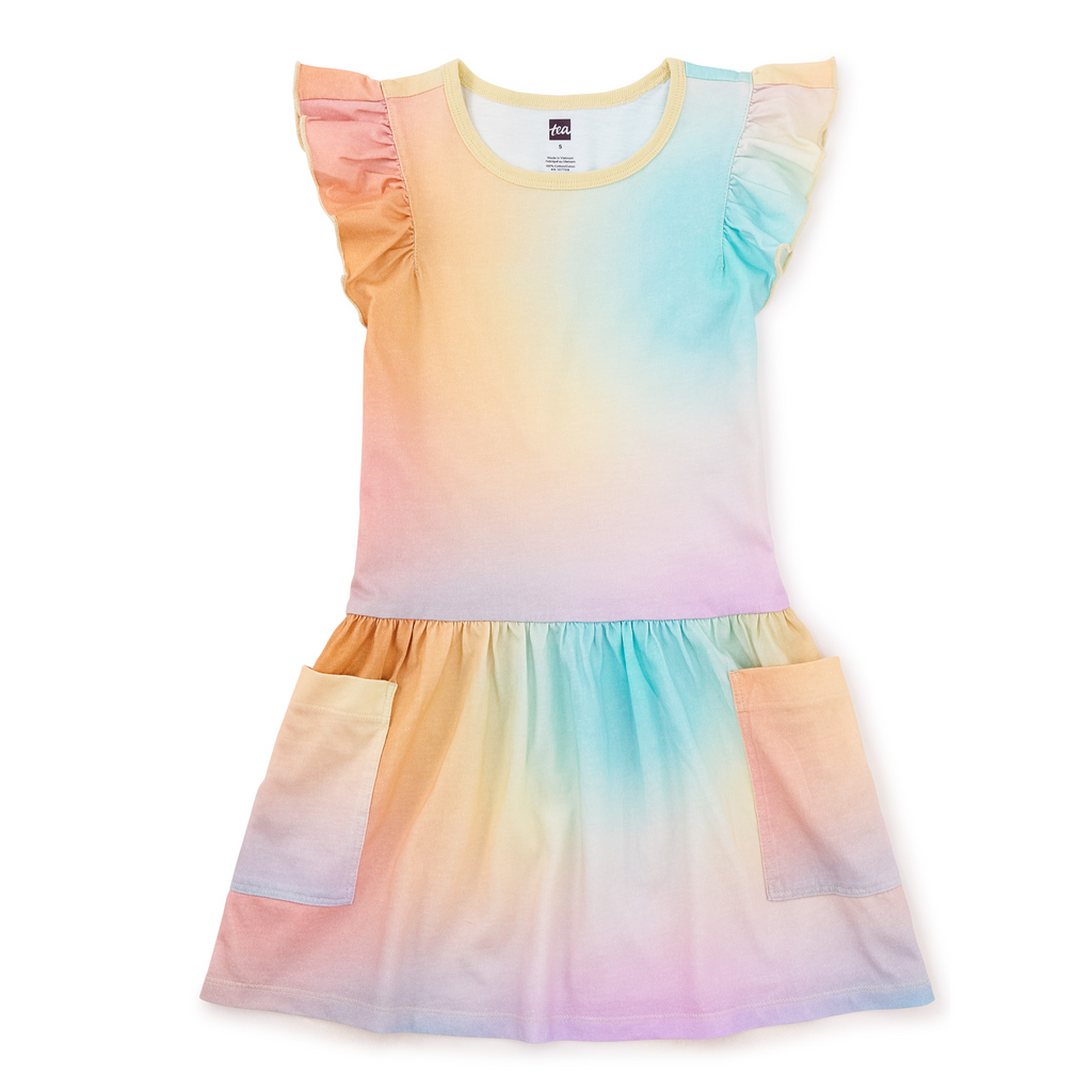 Rainbow Gradiant Flutter Sleeve Pocket Dress