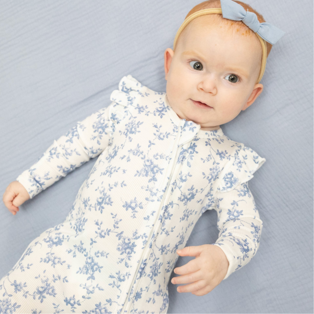 Baby Blue Vines Floral Ruffle Sleeve Zipper Footie