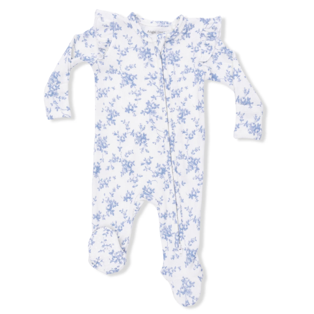 Baby Blue Vines Floral Ruffle Sleeve Zipper Footie