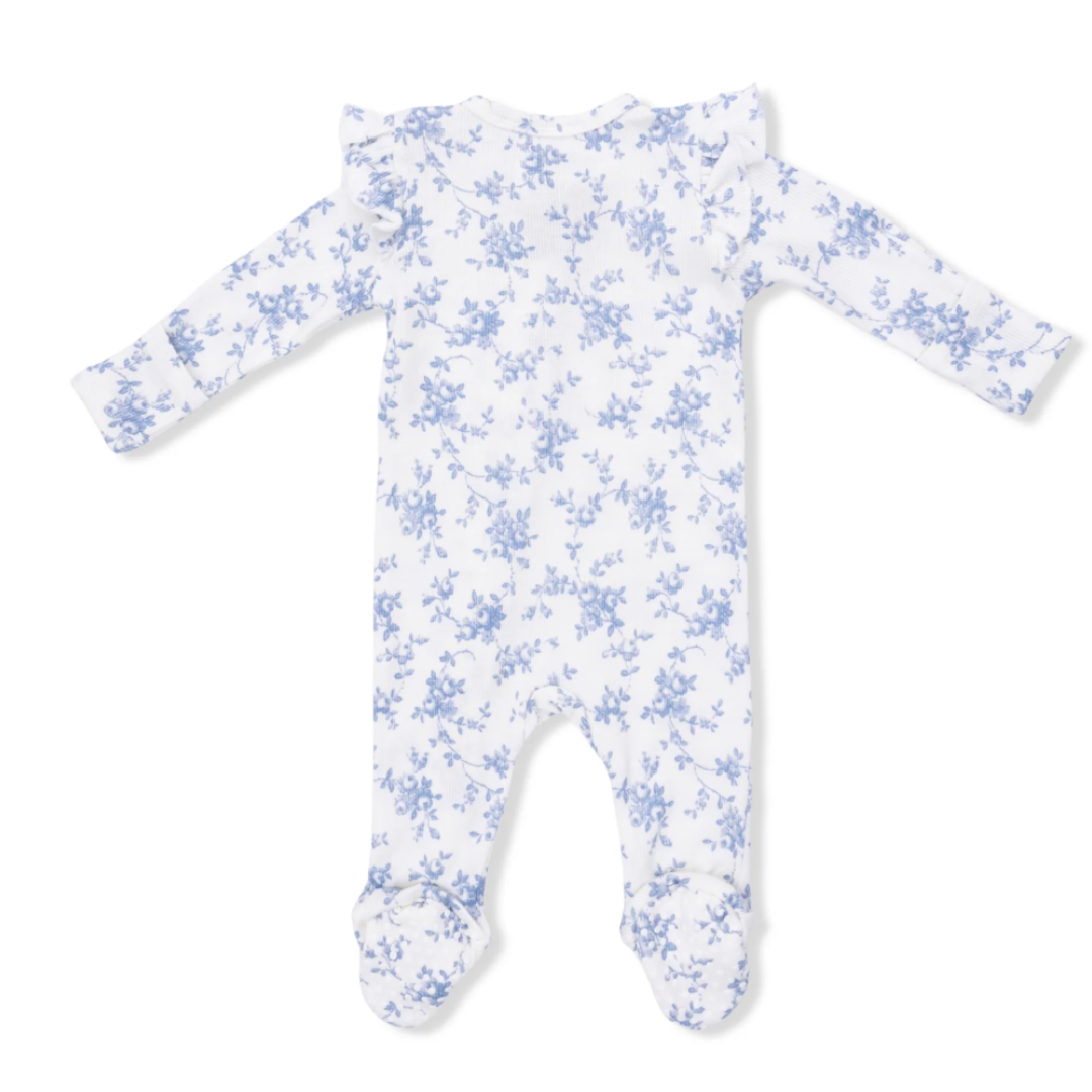 Baby Blue Vines Floral Ruffle Sleeve Zipper Footie