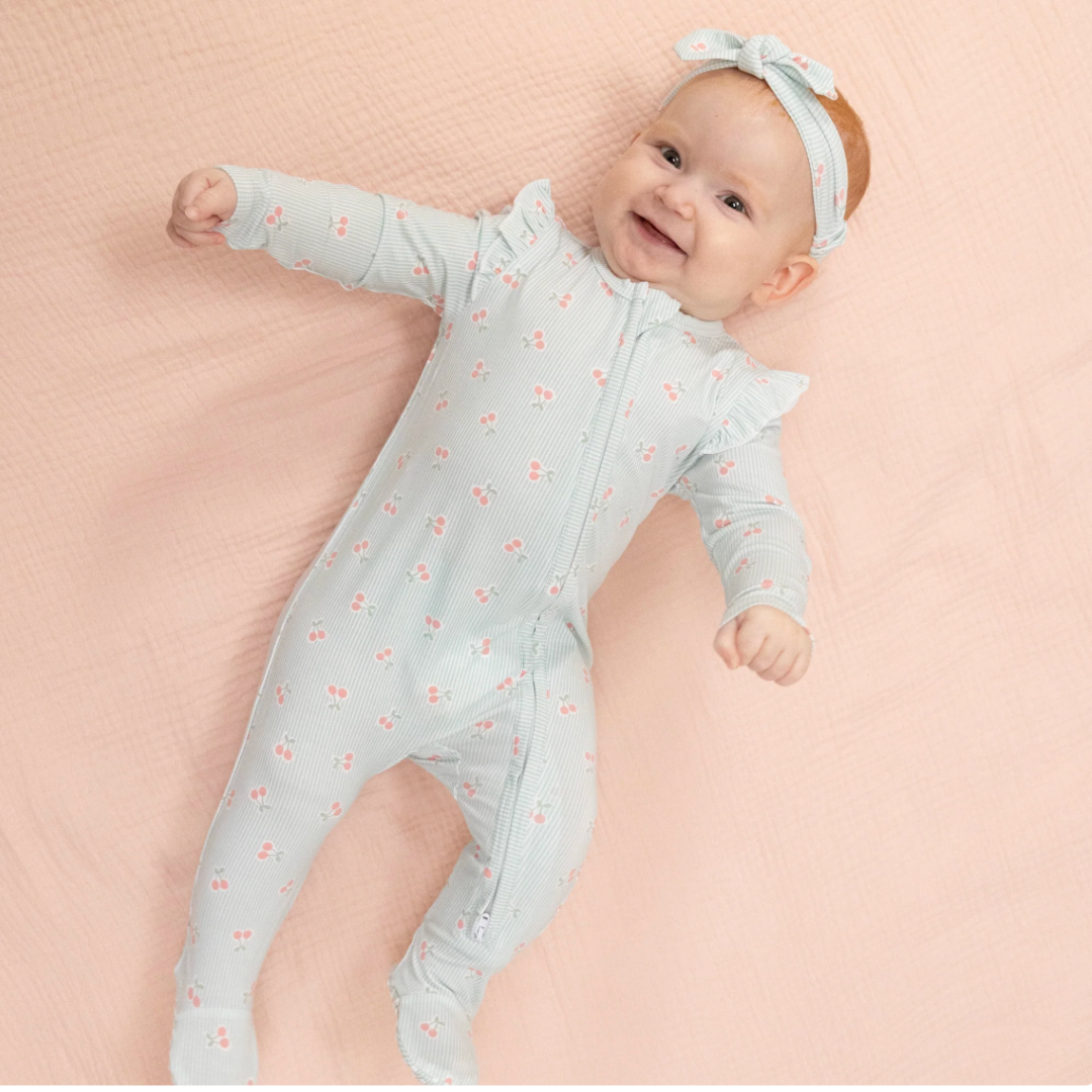 Tiny Cherry Stripe Ruffle Sleeve Zipper Footie