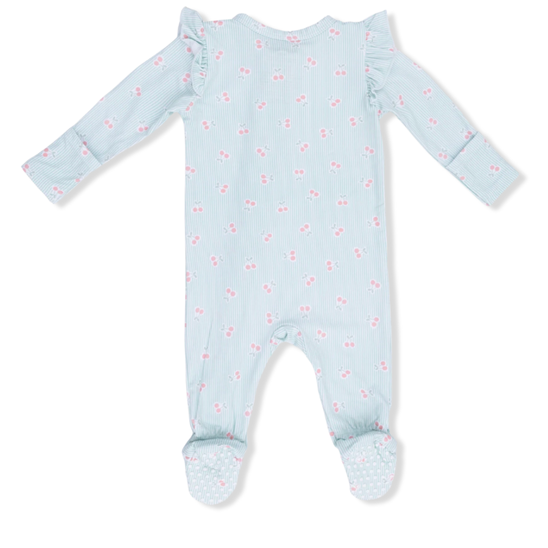 Tiny Cherry Stripe Ruffle Sleeve Zipper Footie