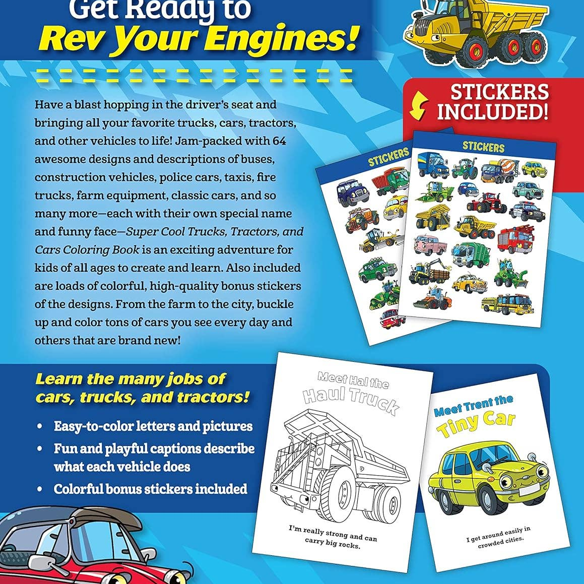 Super Cool Trucks, Tractors, and Cars Coloring Book
