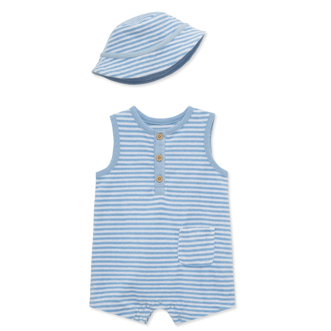 Blue Stripe French Terry Hat and Romper Set