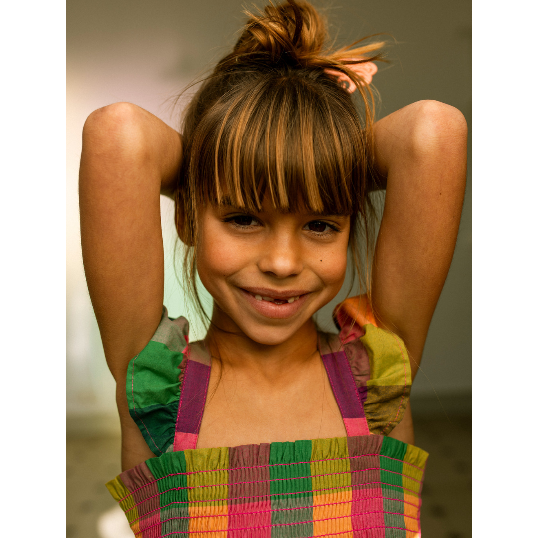 Barcelona Plaid Smocked Flutter Sleeve Dress