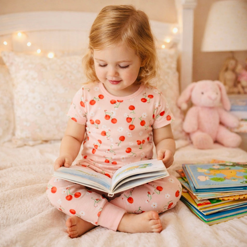 Pink Cherry Print Pajamas Short Sleeve Long Pant