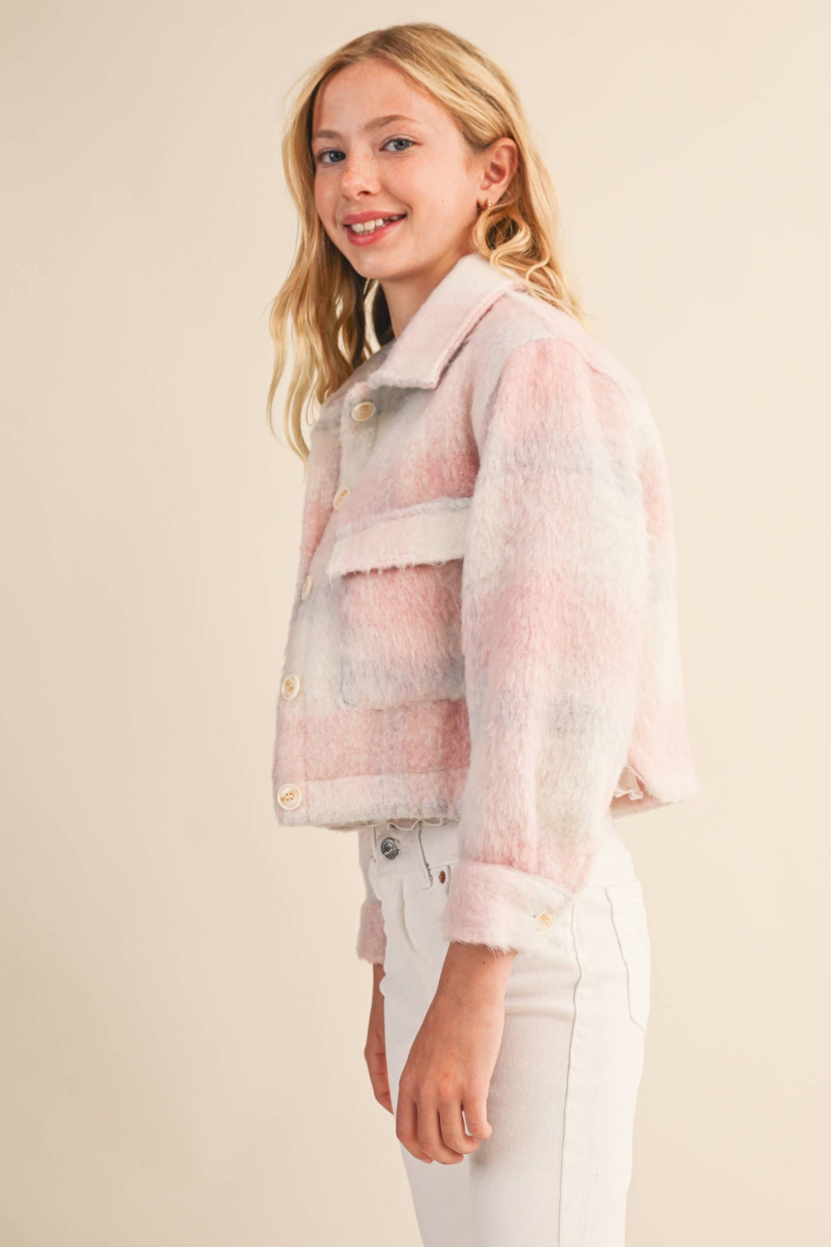 Cropped Jacket in Blush Plaid