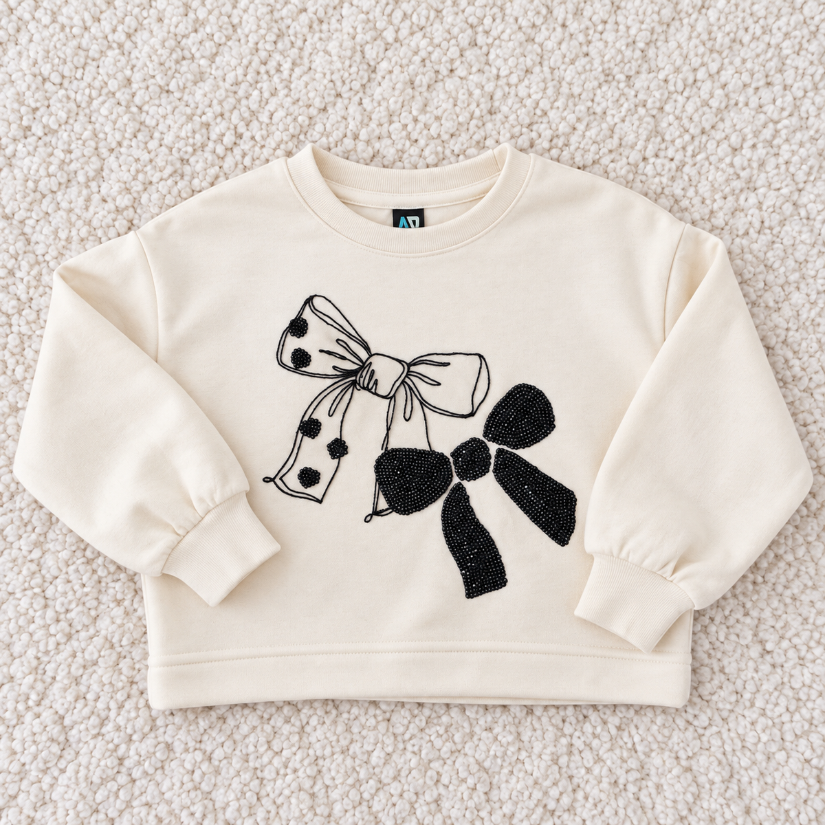Black Bow Embellished Ivory Sweatshirt