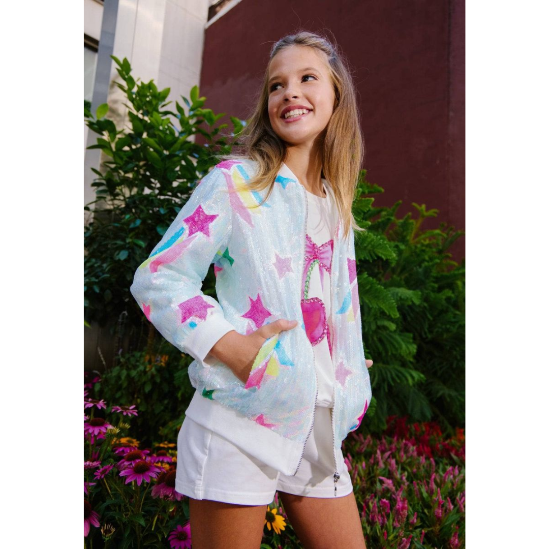 Rainbow Shooting Star Sequin Bomber