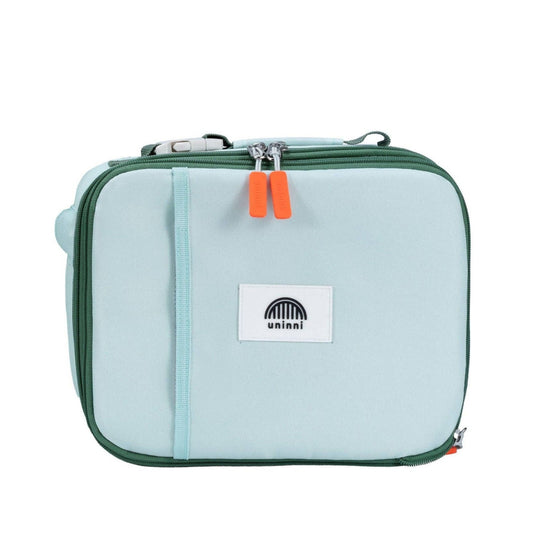 Light blue rectangular pouch with green zipper and orange tag on a white background