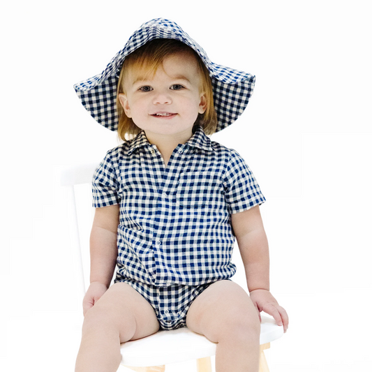 Navy Gingham Wide Brim Sunhat