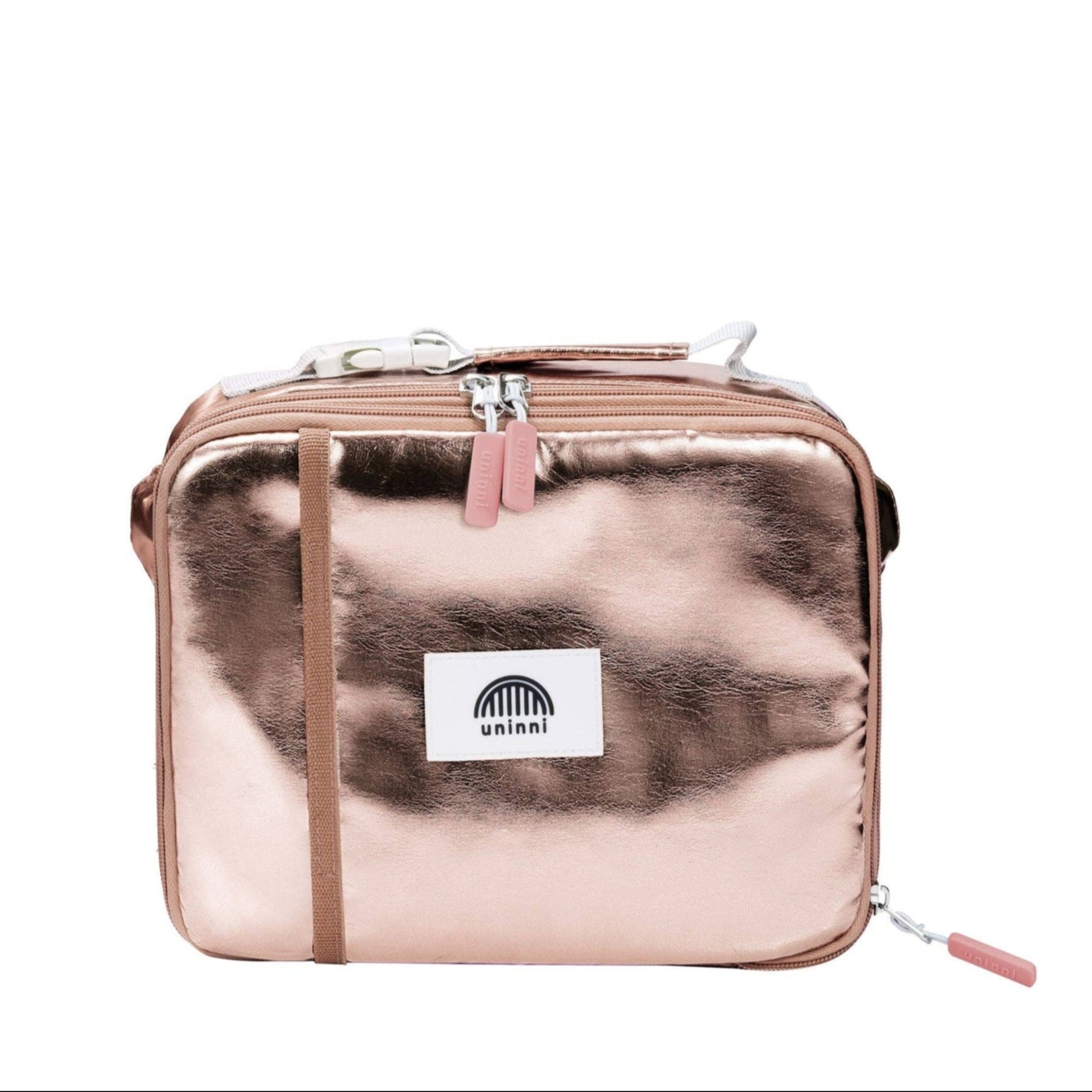 Rose gold metallic bag with a visible brand logo on a white background