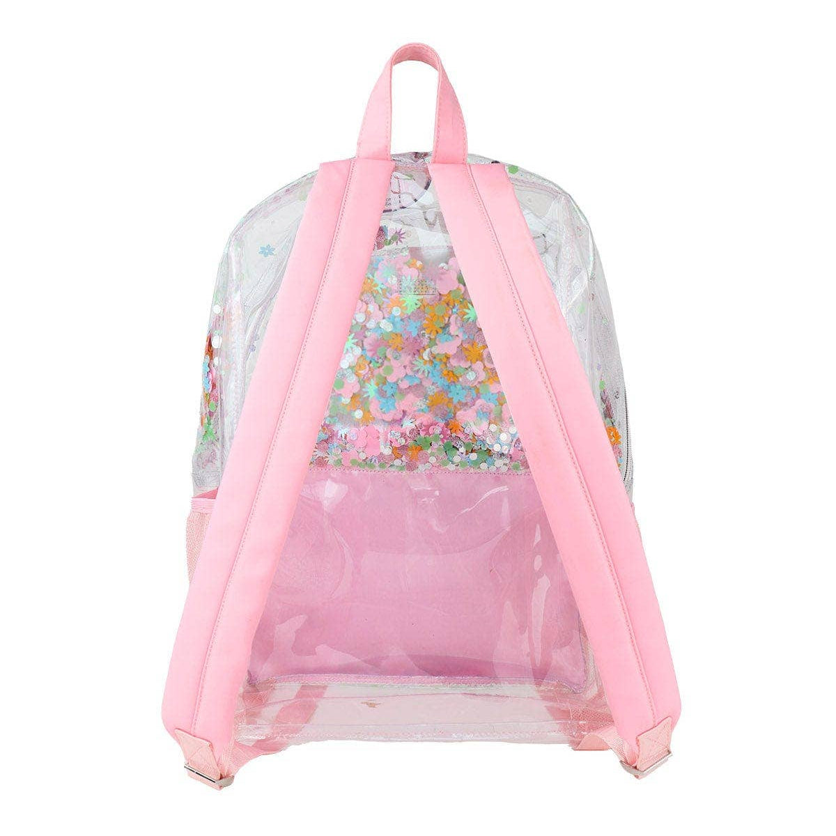 Clear backpack with floral pattern and pink straps on a white background
