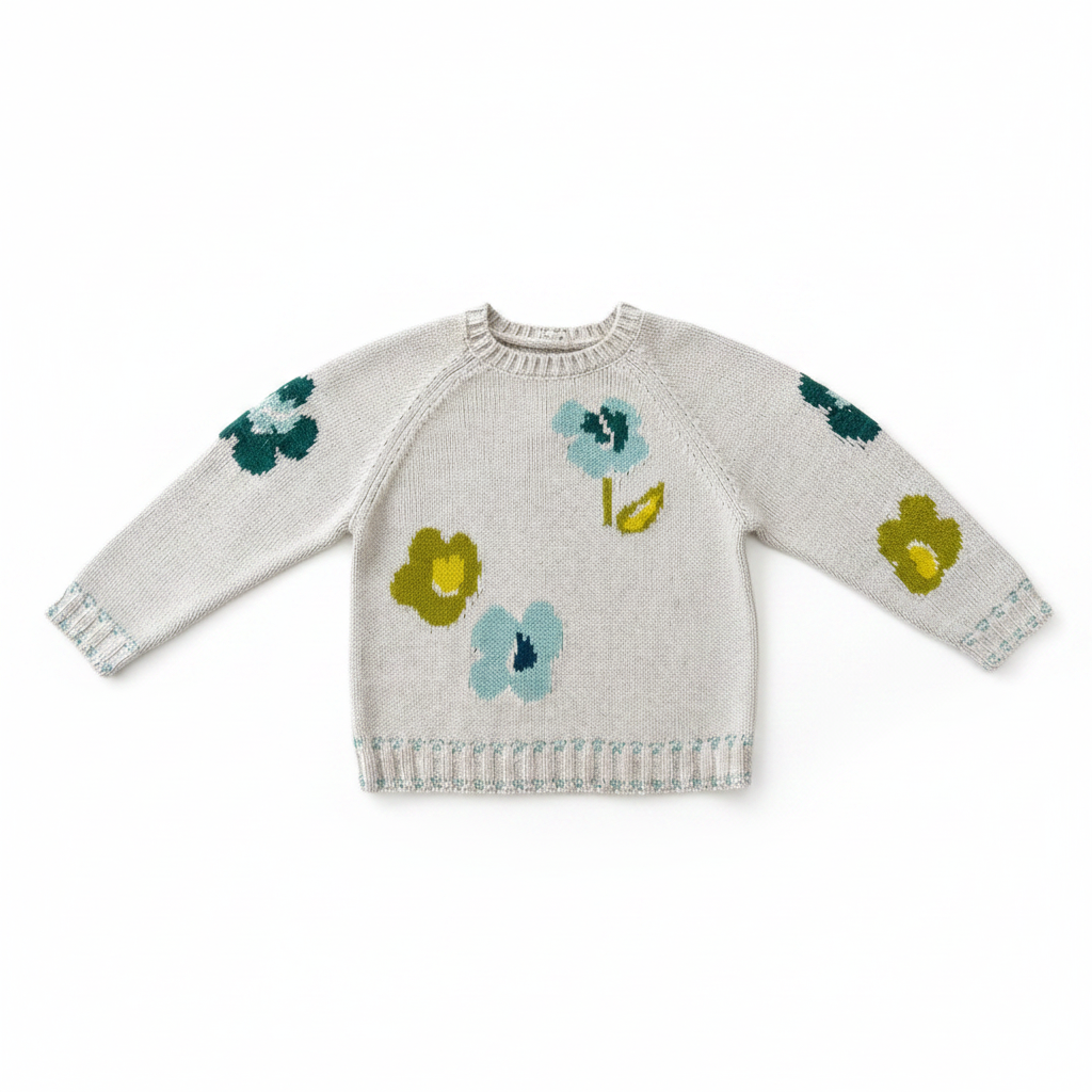 Tan and Blue Floral Knit Sweater