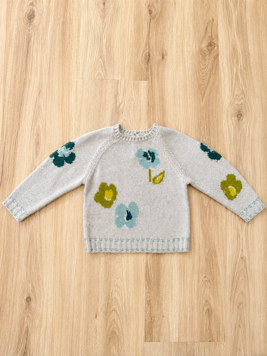 Tan and Blue Floral Knit Sweater