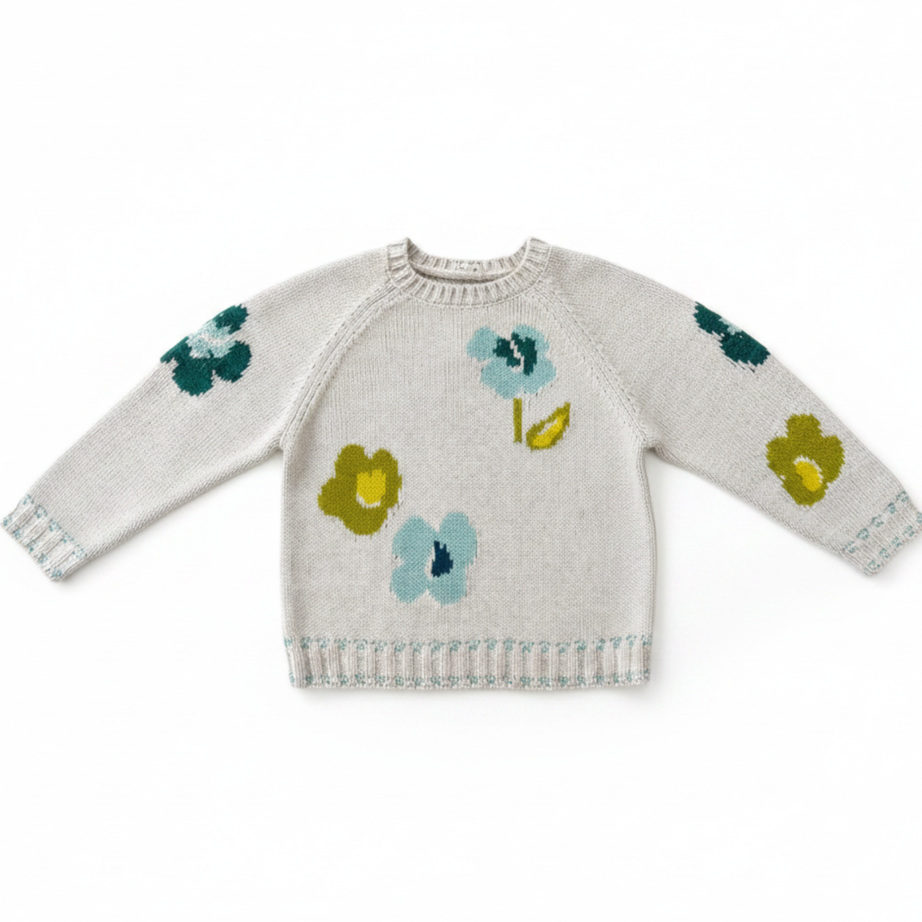 Tan and Blue Floral Knit Sweater