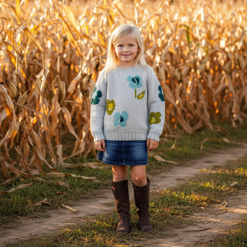 Tan and Blue Floral Knit Sweater