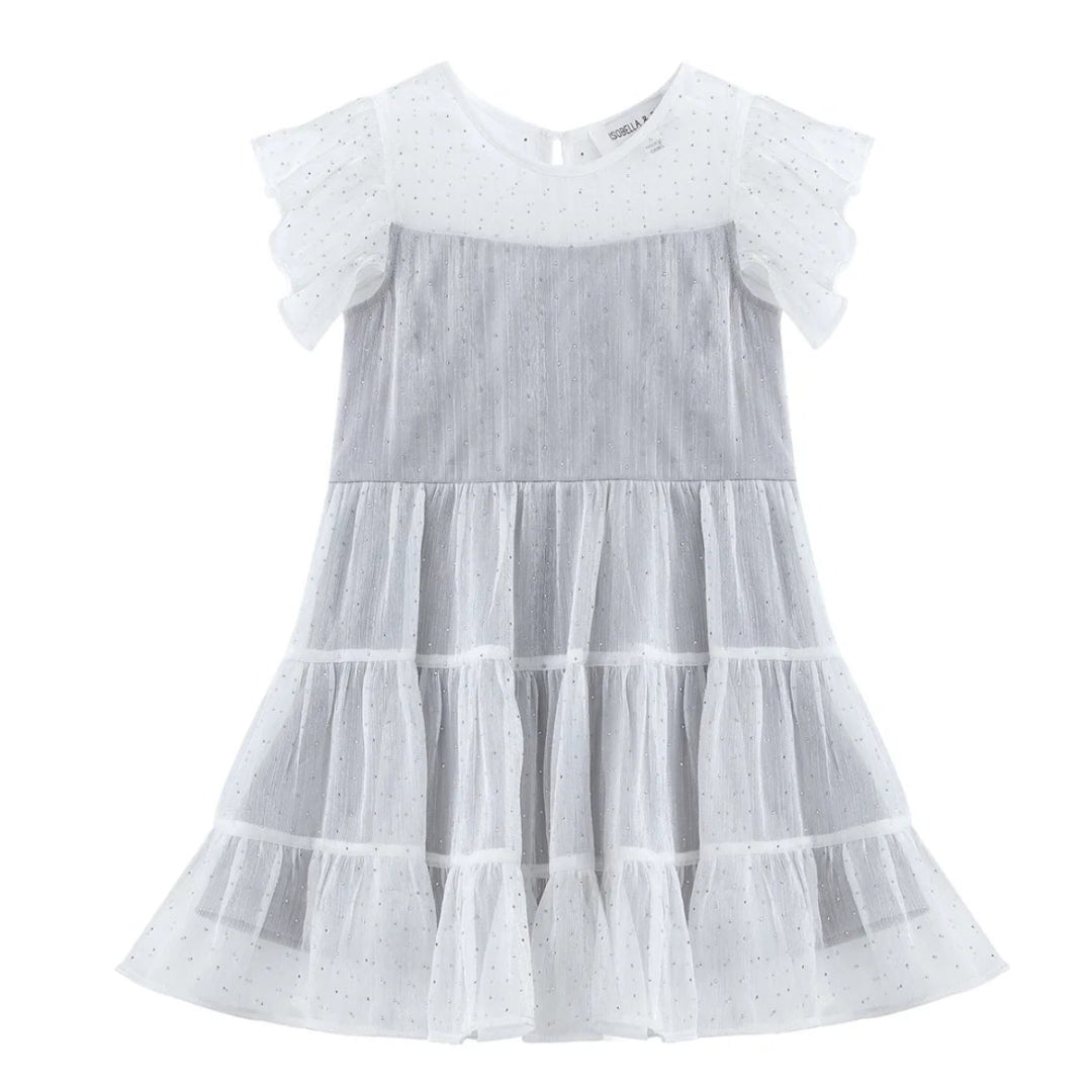 Shimmer Shine Flutter Sleeve Polka Dot Tiered Dress