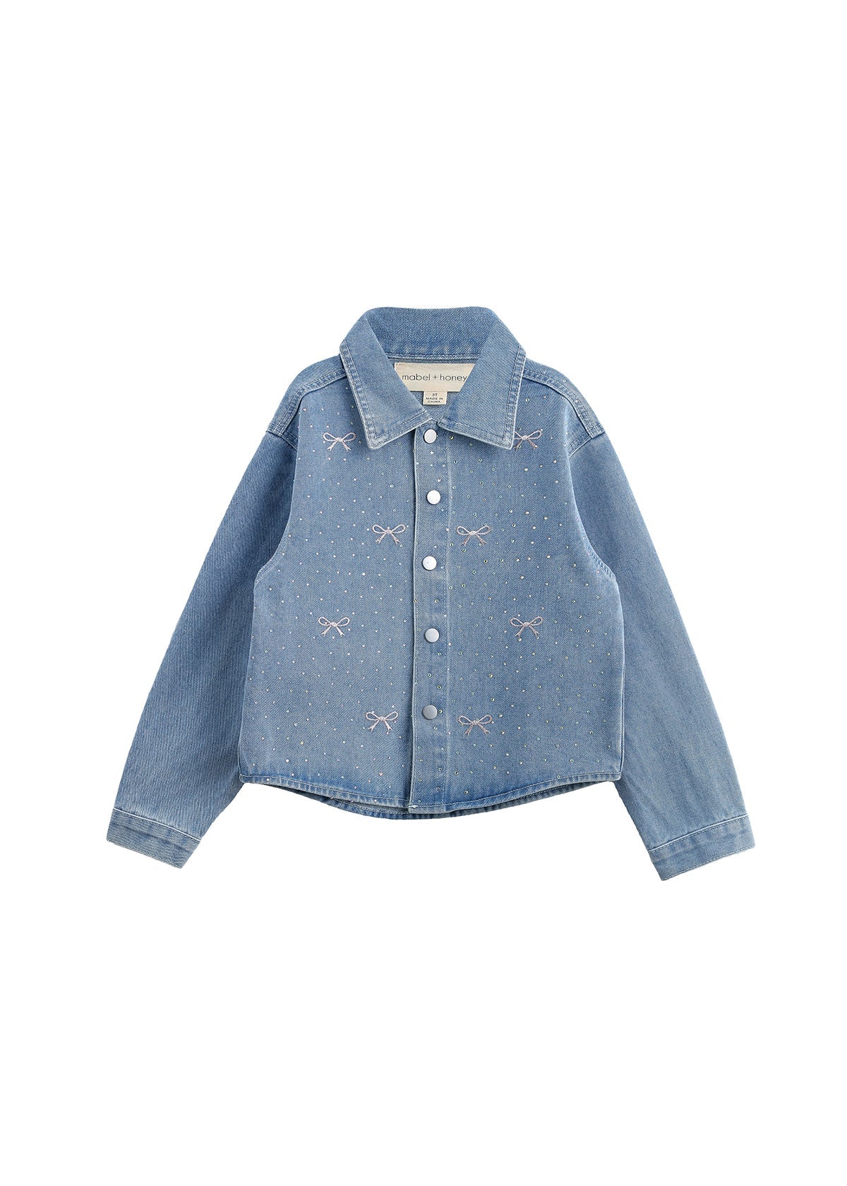 Long Sleeve Embroidered Bow Rhinestone Dot Denim Jacket