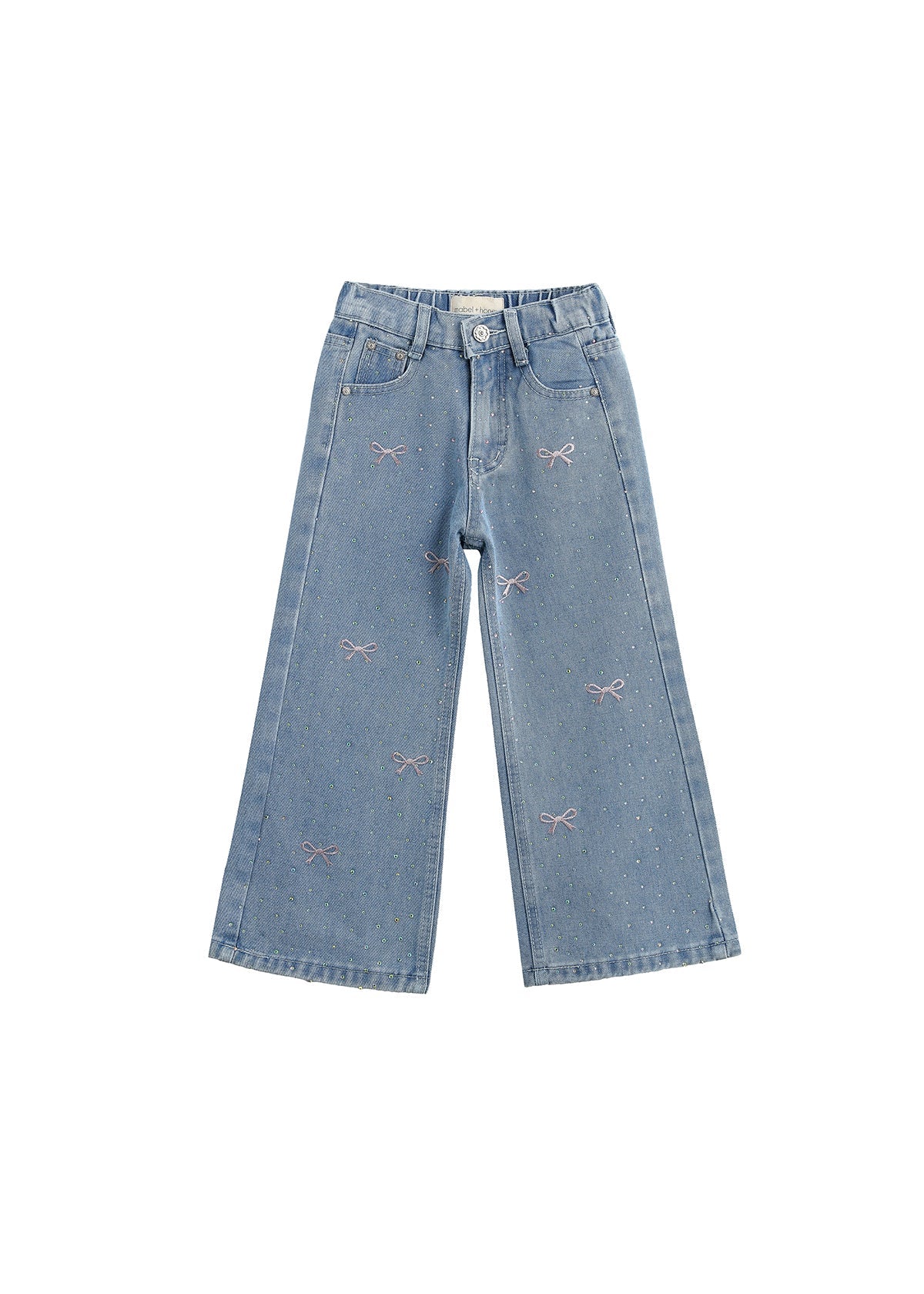 Bow Embroidered Rhinestone Wide Leg Denim Pants