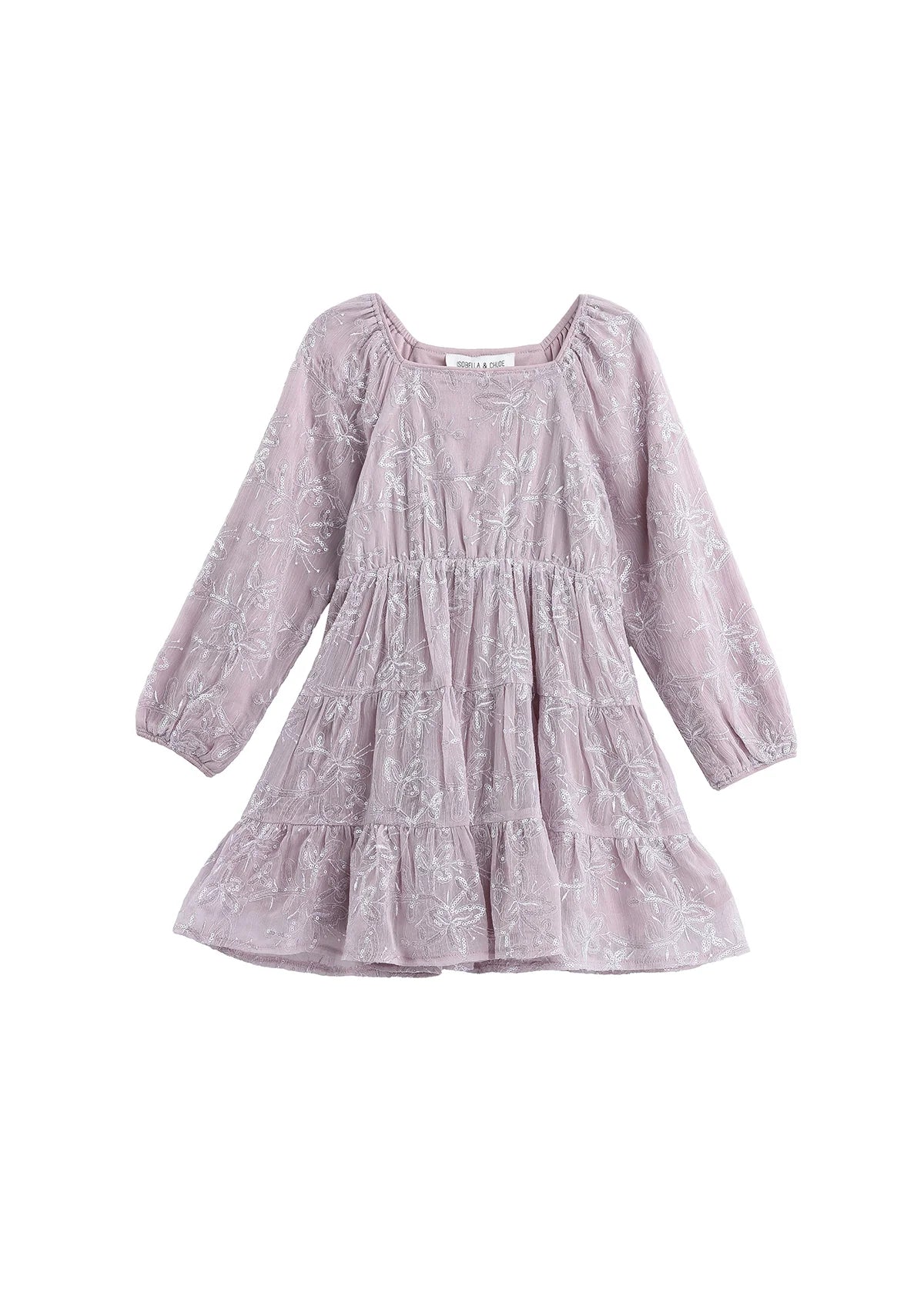 Sugarplum Sparkle Long Sleeve Floral Sequin Square Neck Tiered Dress