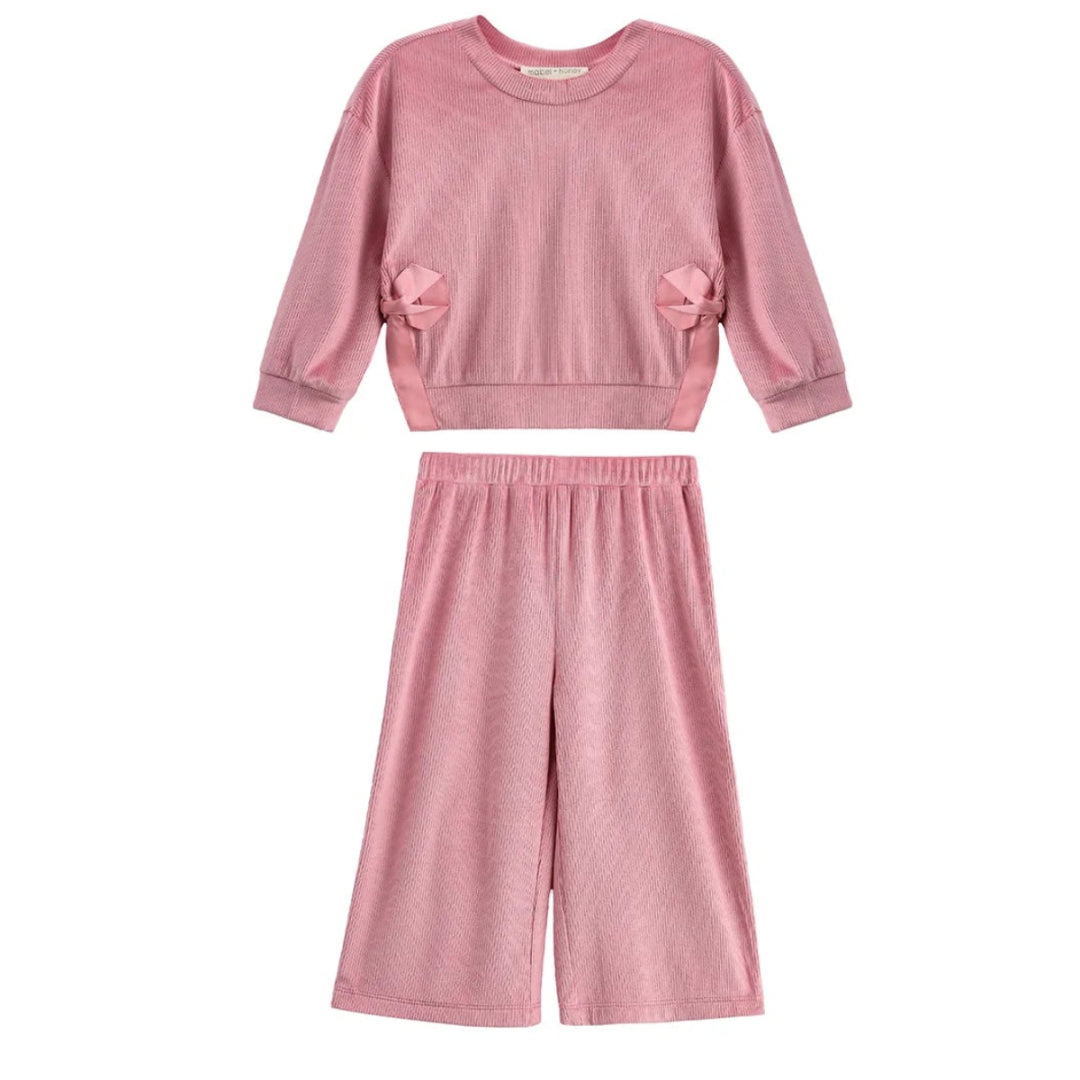 Bowtiful Blush Long Sleeve Solid Bow Tie Side Slit Top and Pant Set