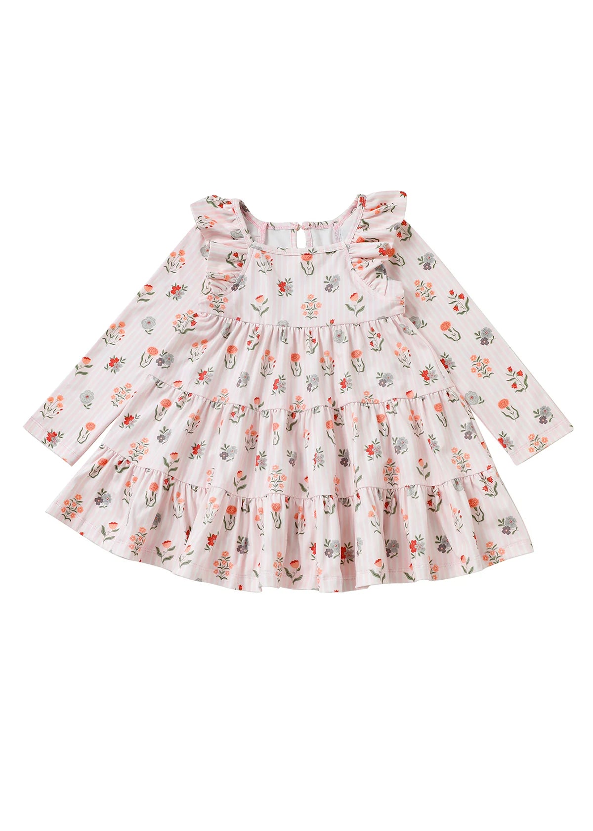 Amelia Rose Long Sleeve Floral Ruffle Trim Tiered Dress