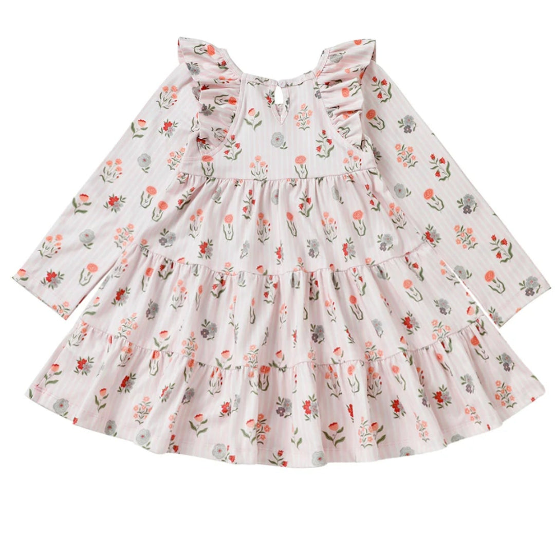 Amelia Rose Long Sleeve Floral Ruffle Trim Tiered Dress