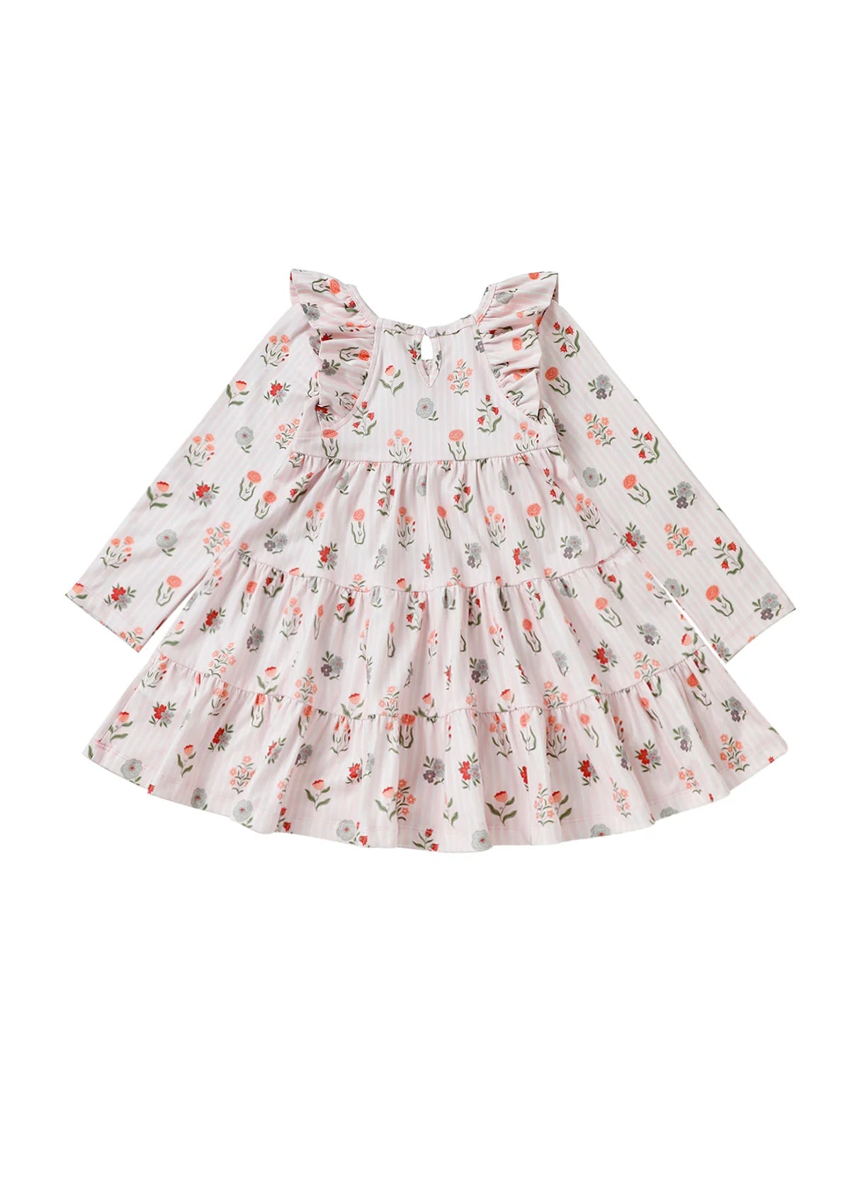 Amelia Rose Long Sleeve Floral Ruffle Trim Tiered Dress