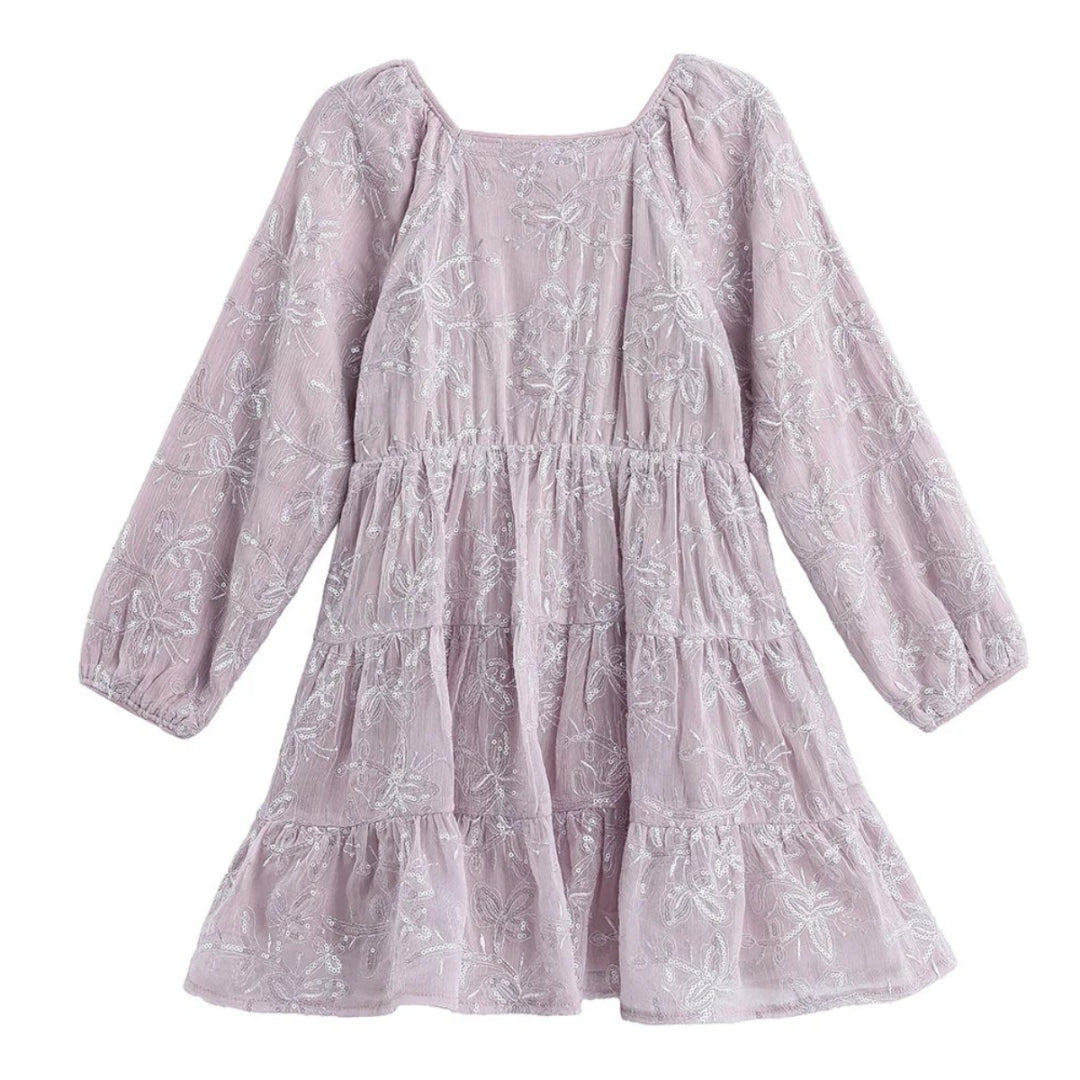 Sugarplum Sparkle Long Sleeve Floral Sequin Square Neck Tiered Dress