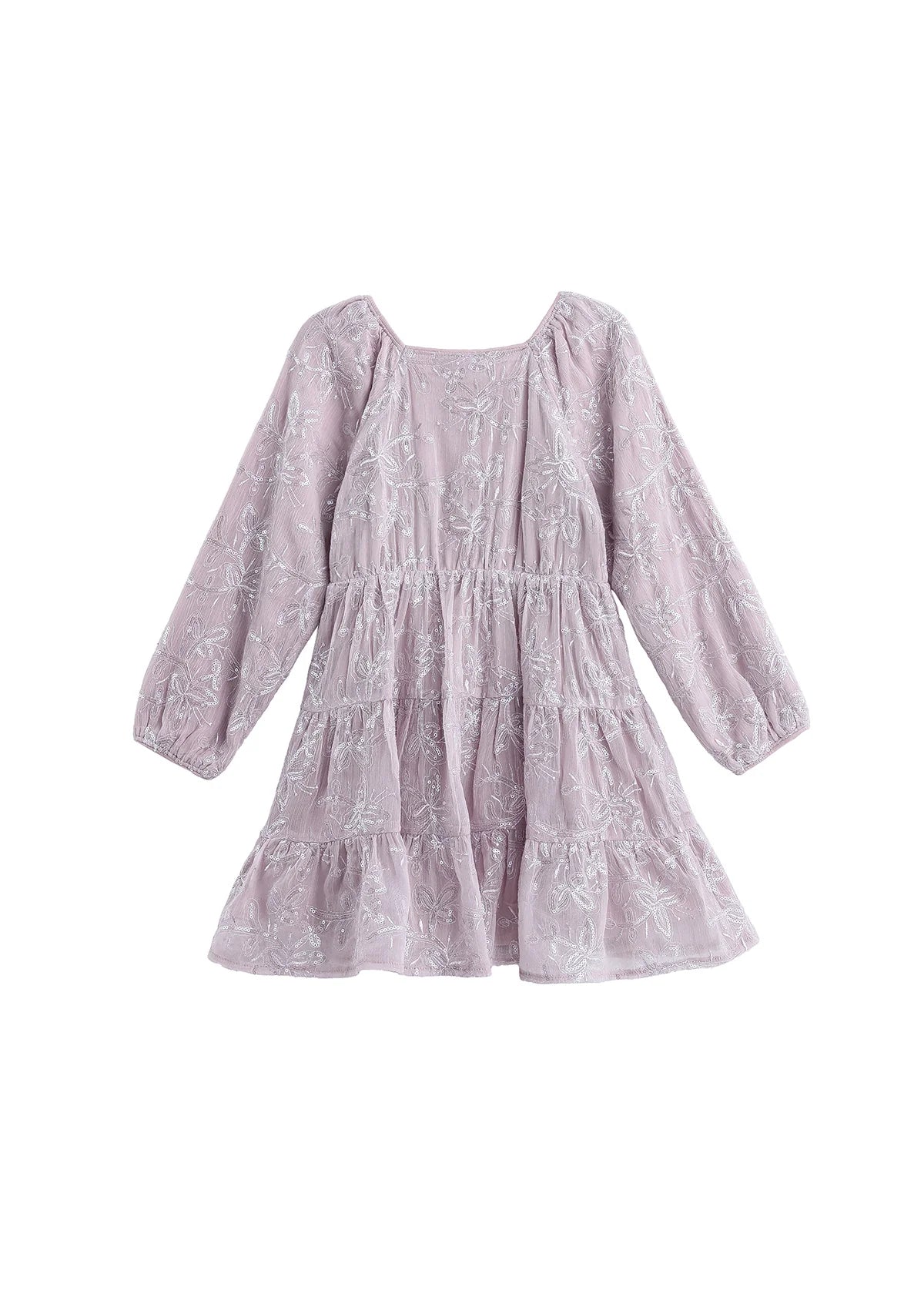 Sugarplum Sparkle Long Sleeve Floral Sequin Square Neck Tiered Dress
