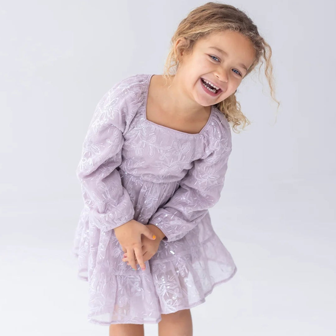 Sugarplum Sparkle Long Sleeve Floral Sequin Square Neck Tiered Dress
