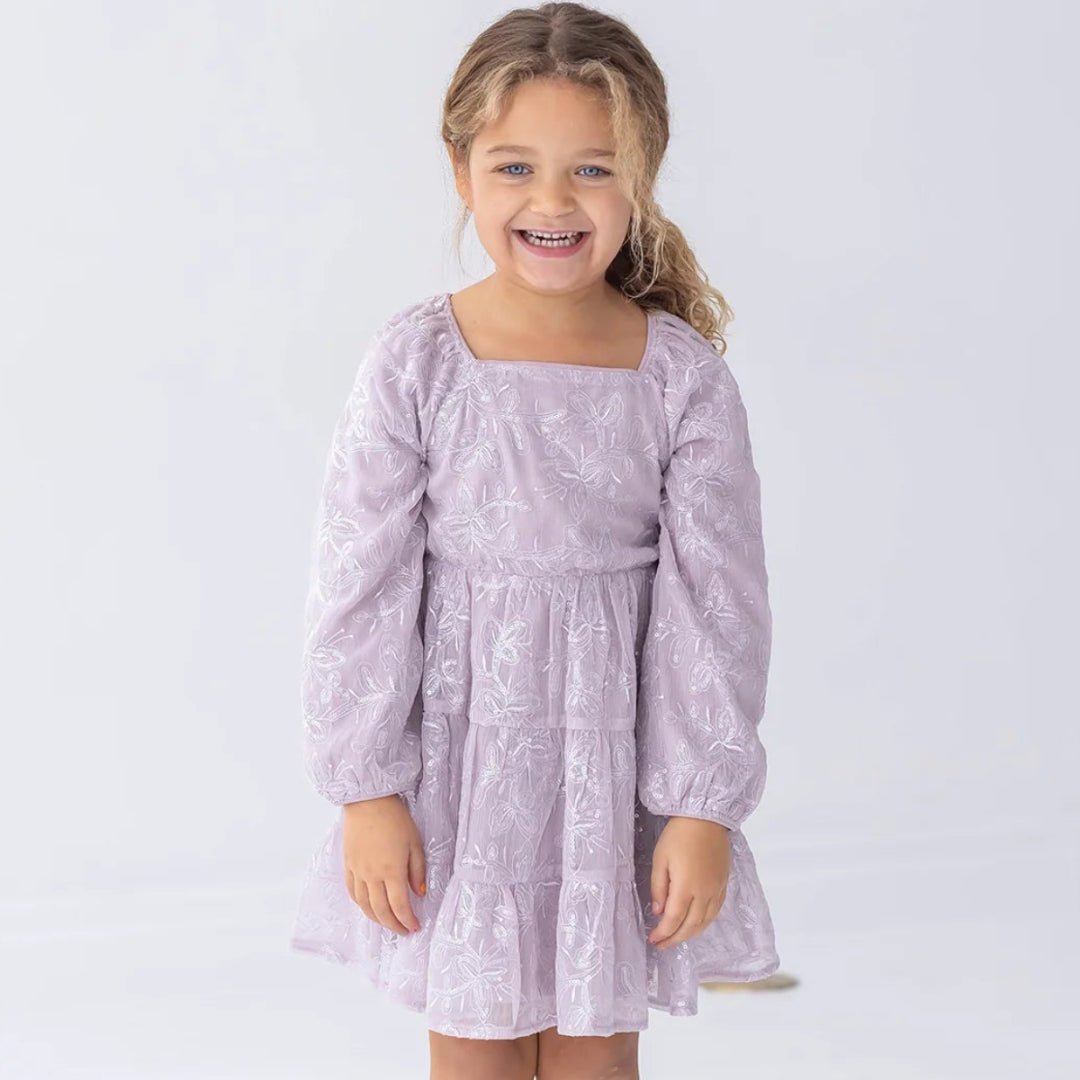 Sugarplum Sparkle Long Sleeve Floral Sequin Square Neck Tiered Dress