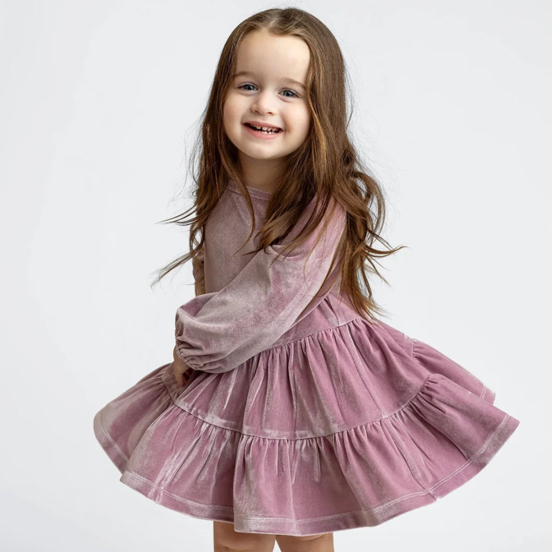 Sugarplum Sparkle Long Sleeve Raglan Tiered Velvet Dress