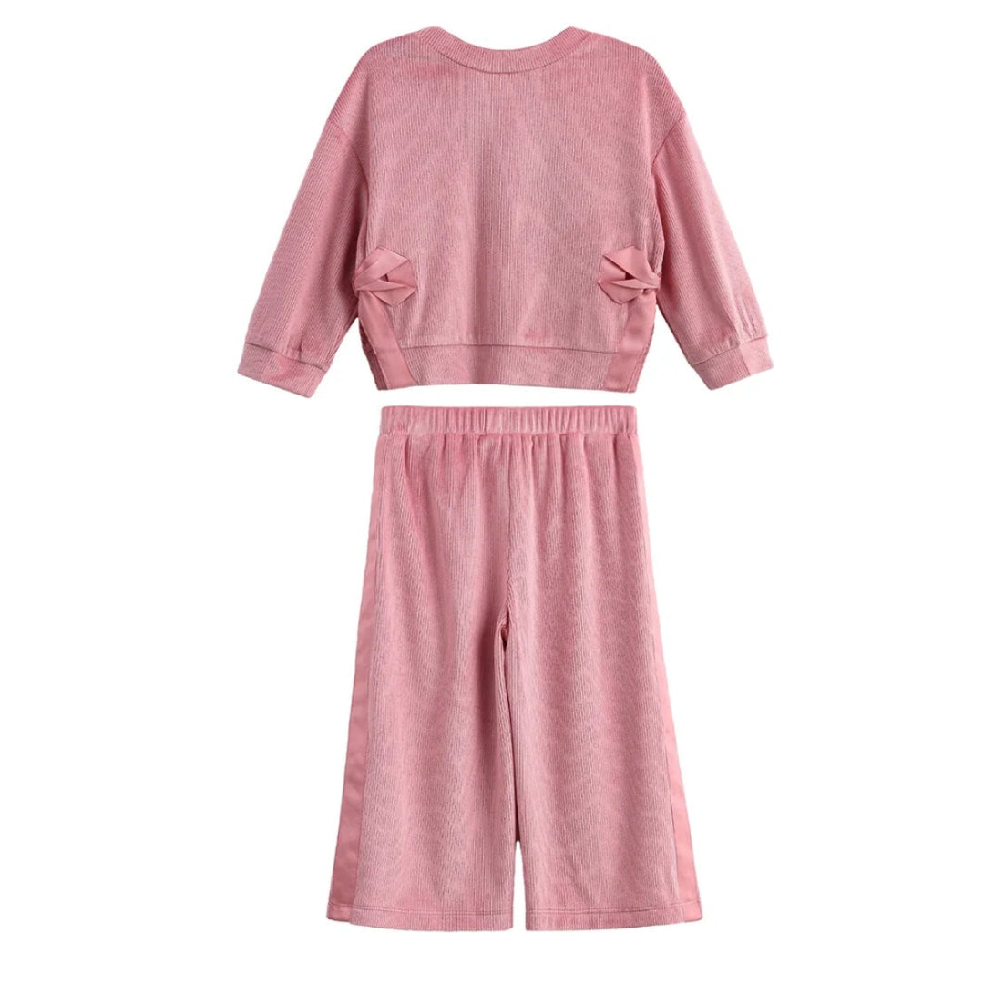 Bowtiful Blush Long Sleeve Solid Bow Tie Side Slit Top and Pant Set