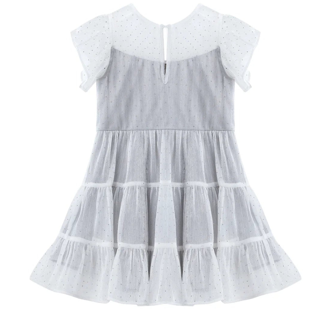 Shimmer Shine Flutter Sleeve Polka Dot Tiered Dress