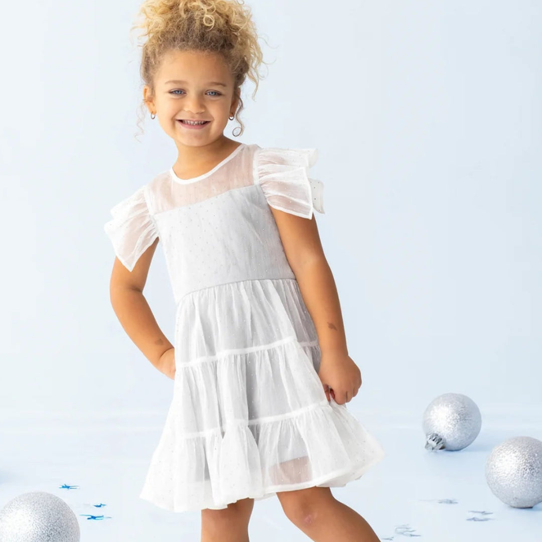 Shimmer Shine Flutter Sleeve Polka Dot Tiered Dress