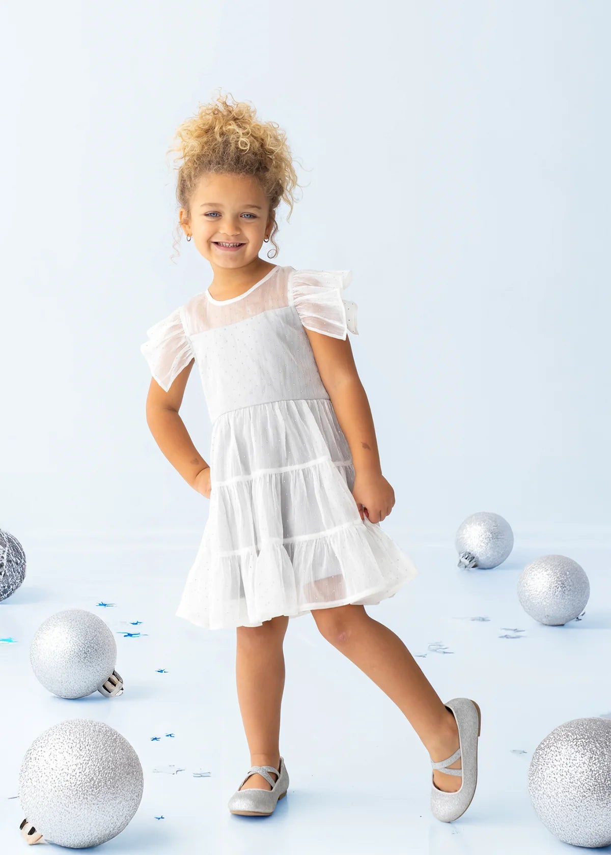 Shimmer Shine Flutter Sleeve Polka Dot Tiered Dress