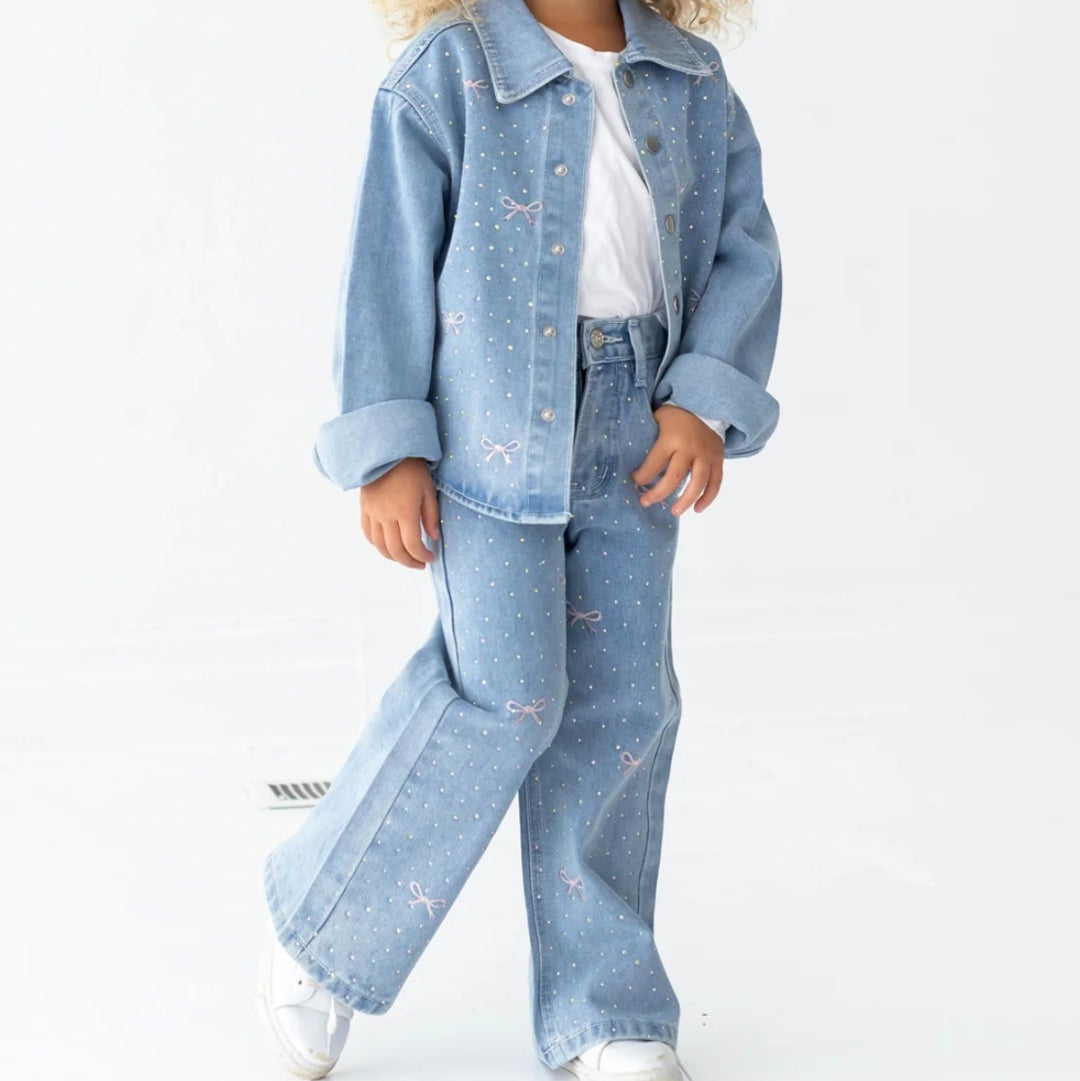 Bow Embroidered Rhinestone Wide Leg Denim Pants