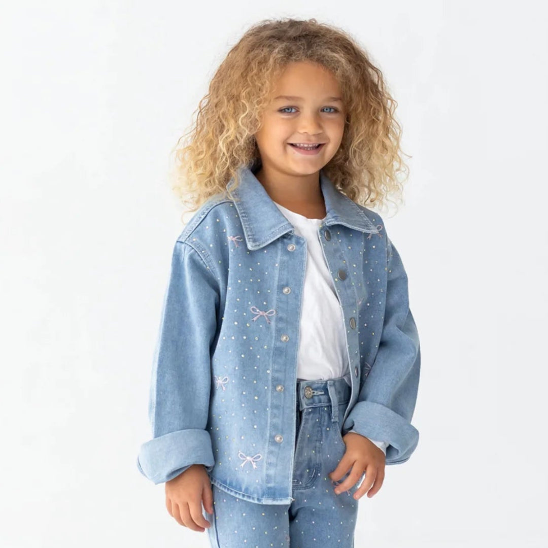 Long Sleeve Embroidered Bow Rhinestone Dot Denim Jacket