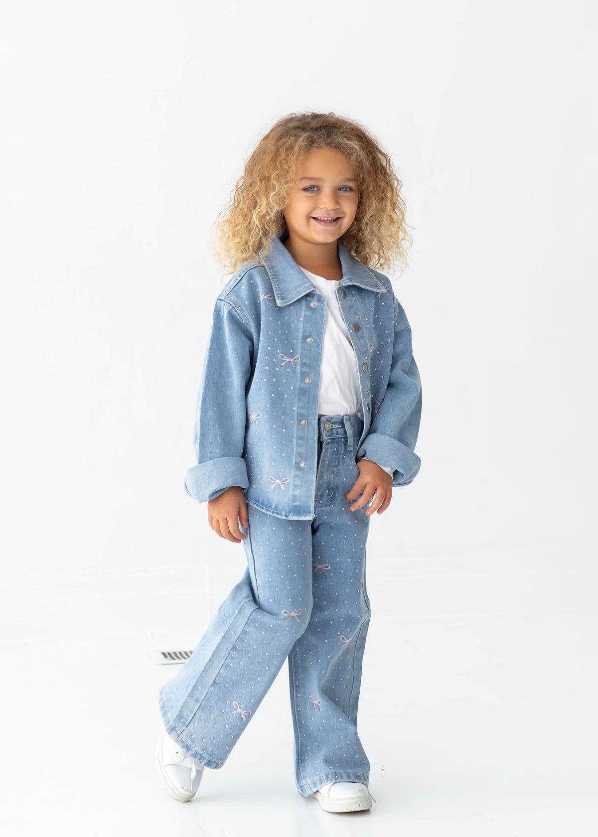 Long Sleeve Embroidered Bow Rhinestone Dot Denim Jacket