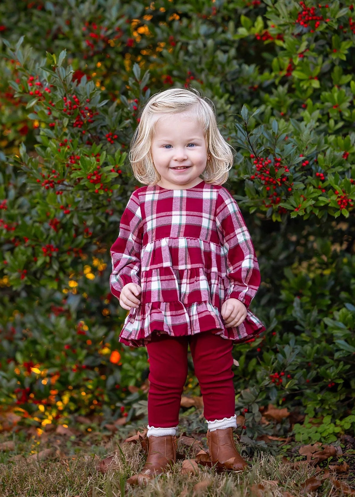 Winterberry Long Sleeve Plaid Tiered Ruffle Top and Legging Set