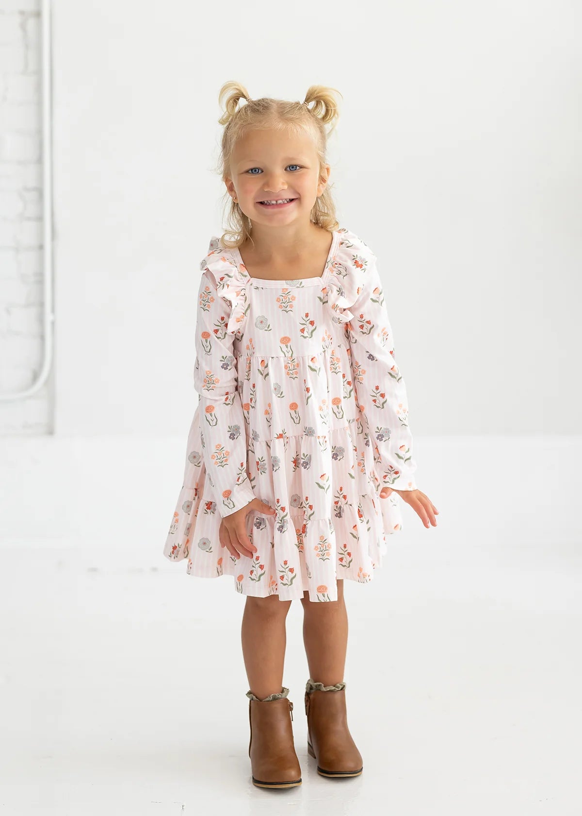 Amelia Rose Long Sleeve Floral Ruffle Trim Tiered Dress