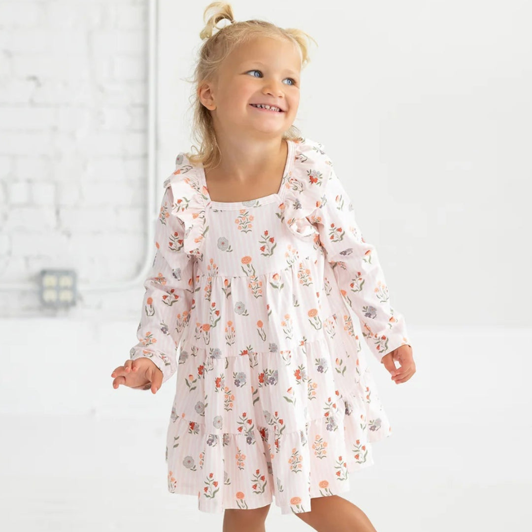 Amelia Rose Long Sleeve Floral Ruffle Trim Tiered Dress