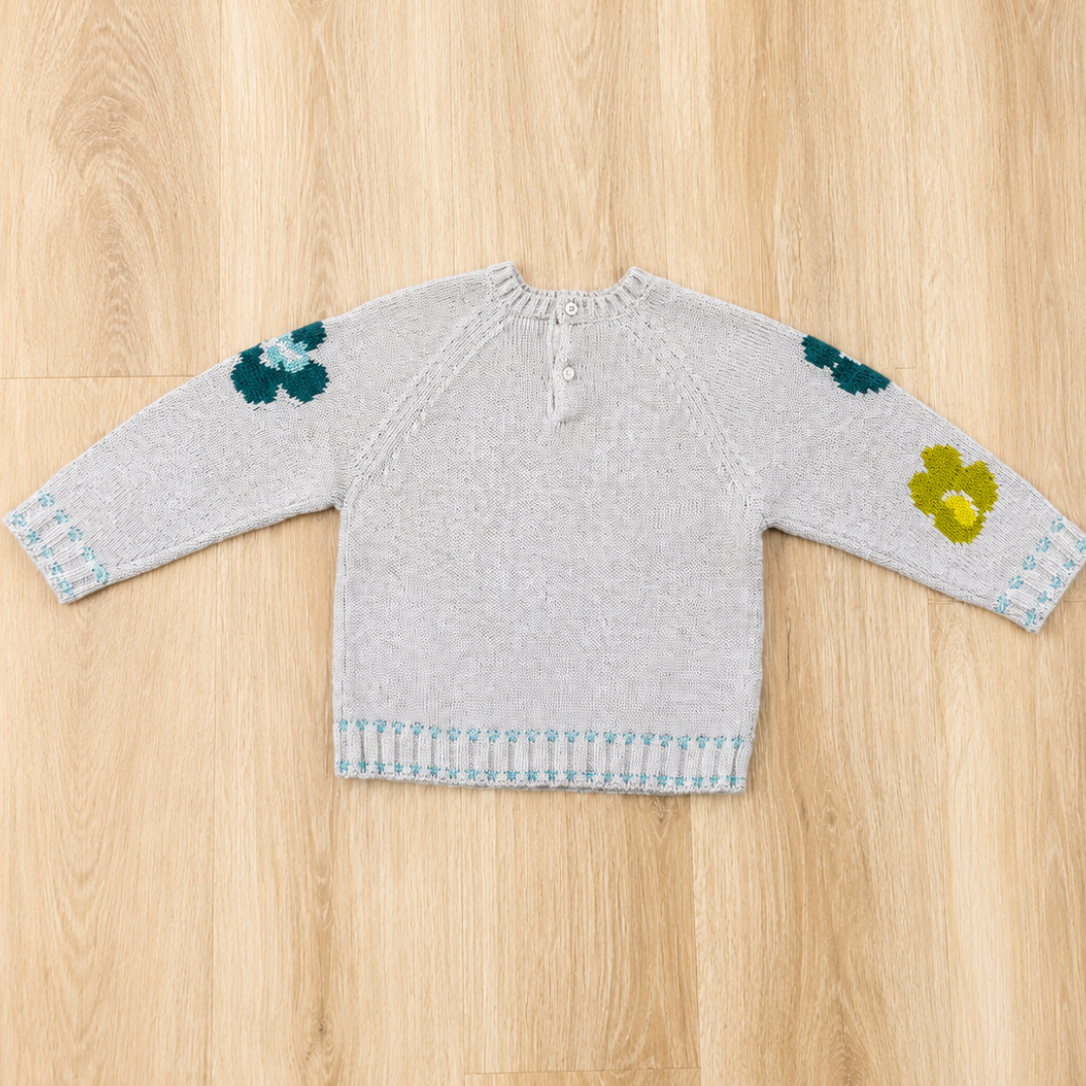 Tan and Blue Floral Knit Sweater